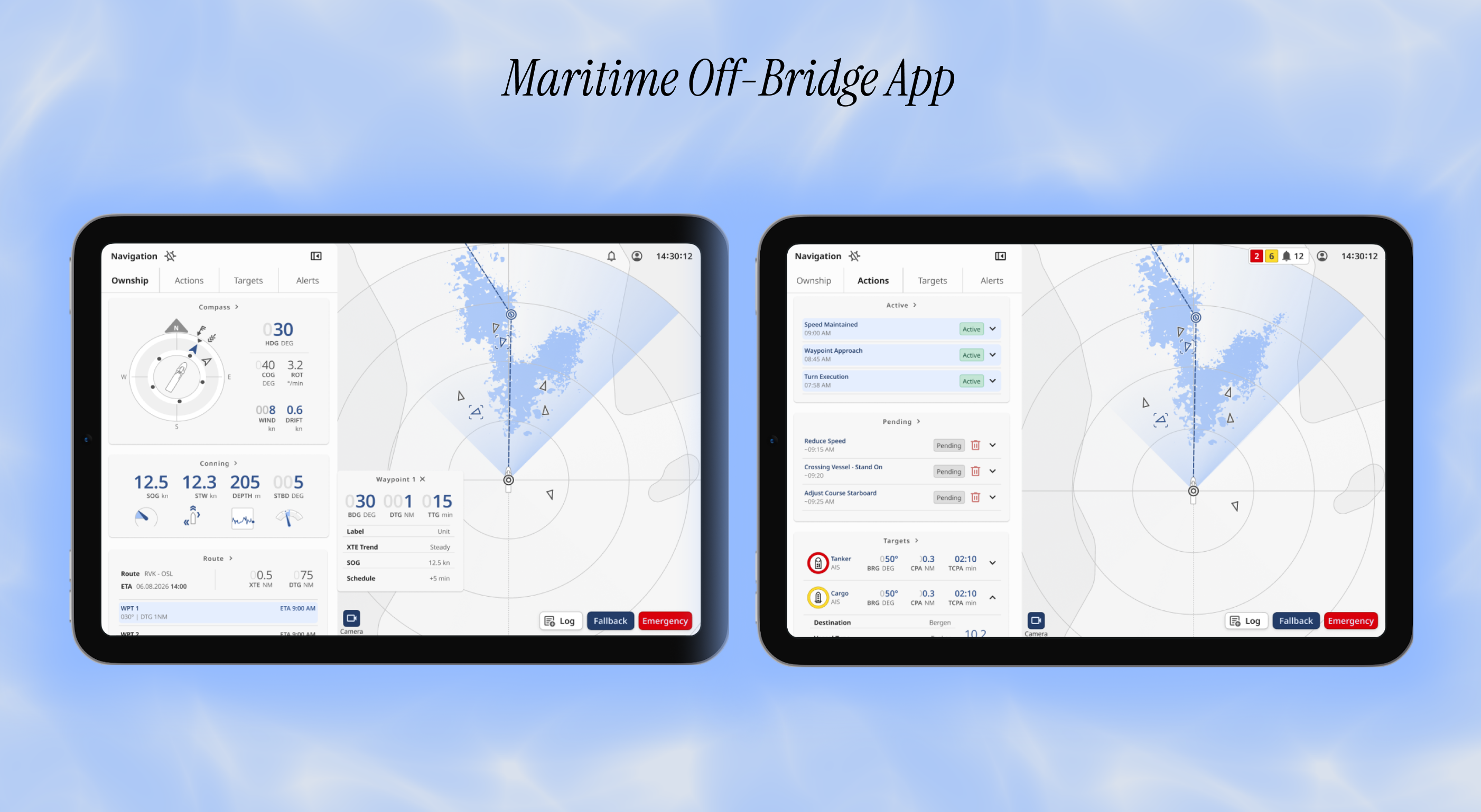 To skjermer fra en maritim off-bridge navigasjonsapp