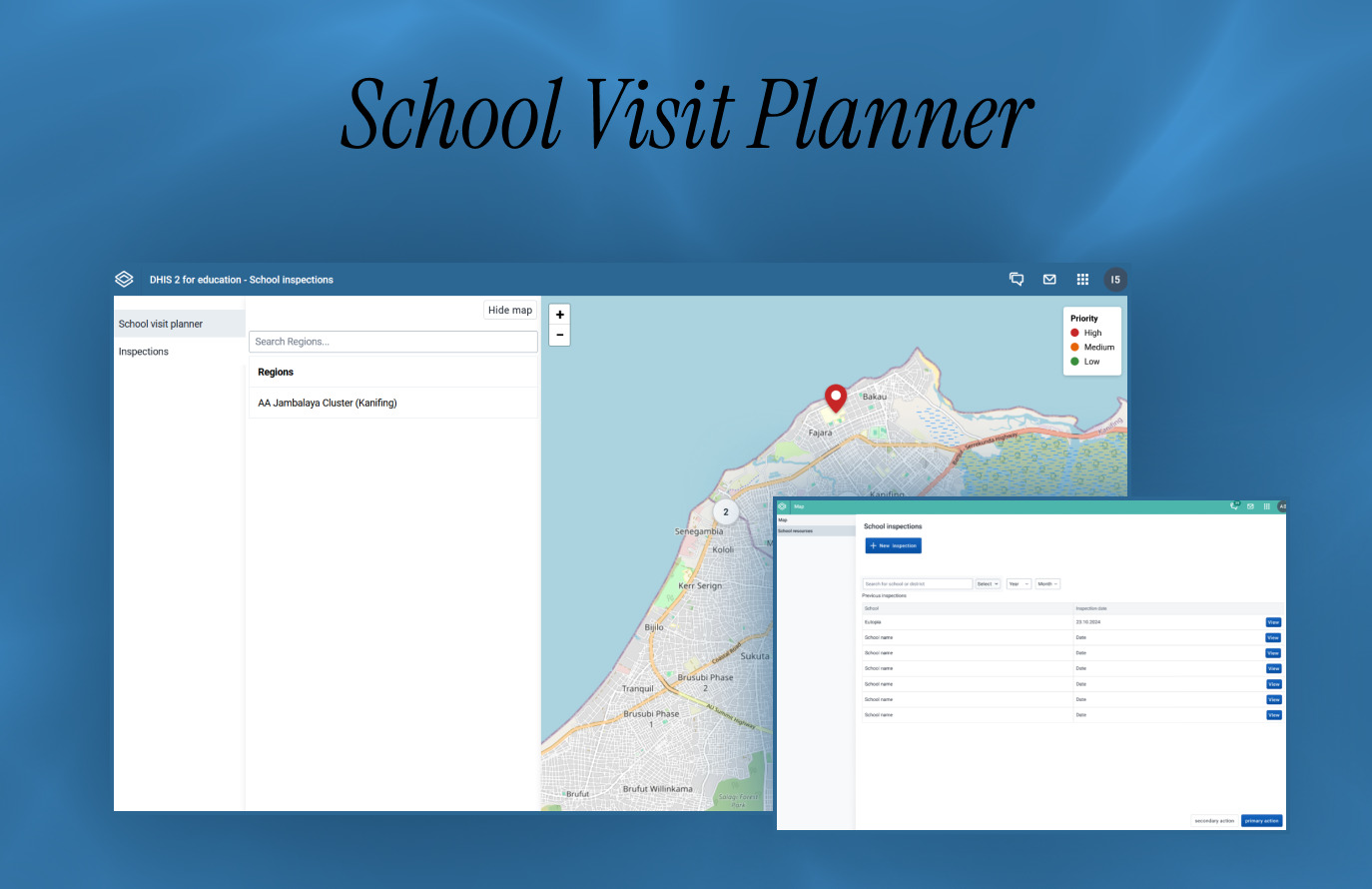School Visit Planner med kart og inspeksjonsoversikt